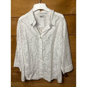 Chico's White Paisley Burnout Embroidered Collare Button Front Blouse Shirt Boho